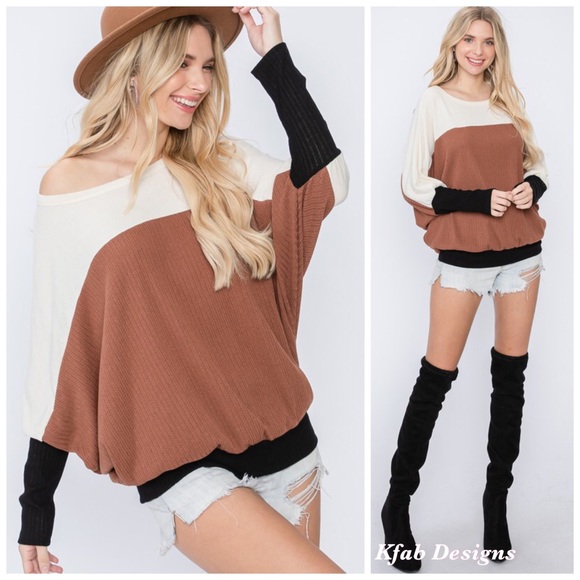 ❤️LAST 1! Oversized Dolman Sleeve Wide Neck Color Block Top! - Picture 2 of 8
